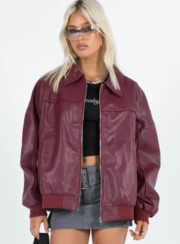 Bomber jacket Oversized fit, faux leather material, classic collar, zip front fastening, ribbed waistband and cuffs, twin hip pockets Non-stretch, fully lined Main: 55% rayon 45% PU, Lining: 100% polyester