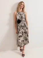Sandra Floral Pleat Midi Dress, Black/Ivory
