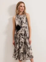 Sandra Floral Pleat Midi Dress, Black/Ivory