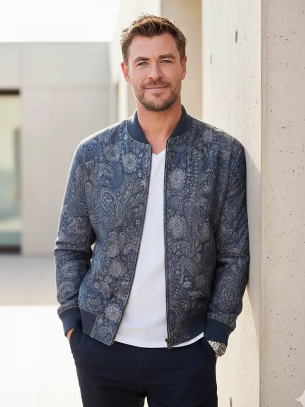 Chris Hemsworth Inspired Navy Paisley Varsity Jacket